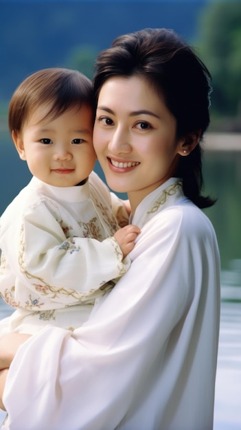 Asian mom and her little son pose happily