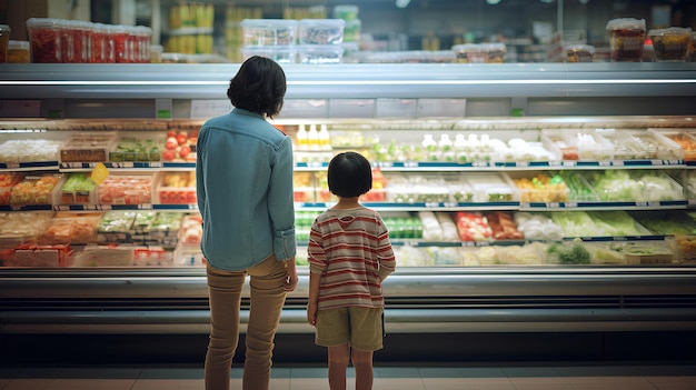 Asian Mom and Her Son Grocery Store Background Top View