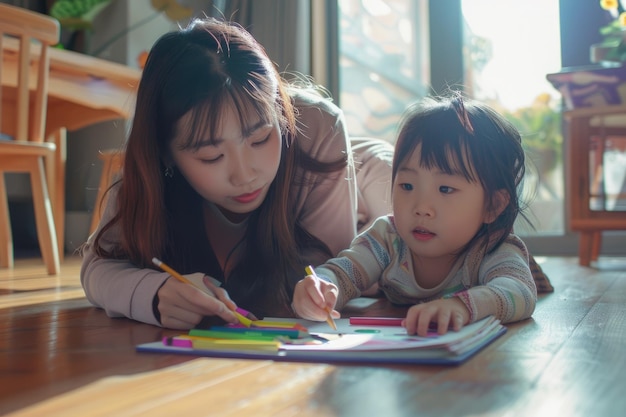사진 아시아인 엄마가 딸에게 아한 거실 바닥에서 미술을 가르니다.