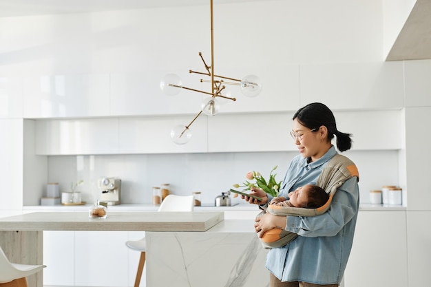 Азиатская мама отправляет текстовое сообщение на свой смартфон, держа своего ребенка в слинге, стоя на кухне