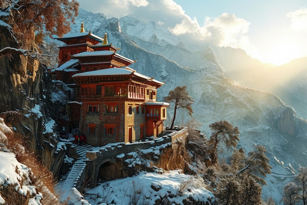 Photo asian monastery in the mountains of tibet