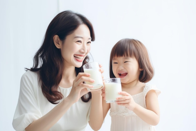 Asian mother and daughter enjoy milk for healthy eating