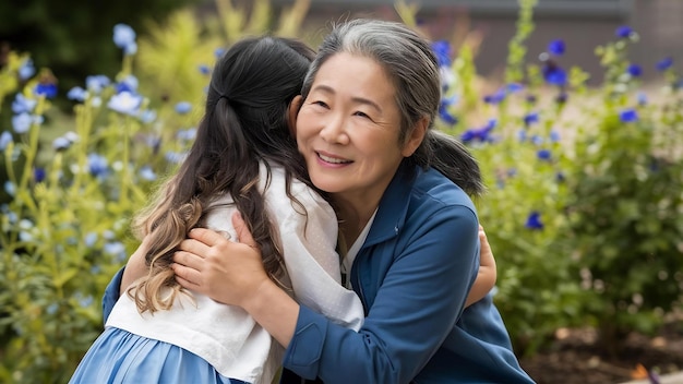 아시아인 어머니와 딸이 푸른색으로 야외에서 포옹하고 있습니다.