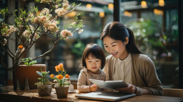 アジアの母と娘が家で本を読む幸せな家族のコンセプト