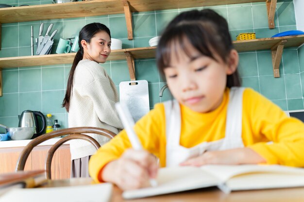 Asian Mother and daughter studying together at home