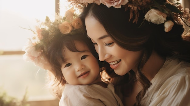 Asian mother and her little daughter wearing a crown full of flowers