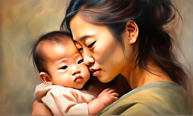 Asian mother holding her baby in oil painting style for mother love concept