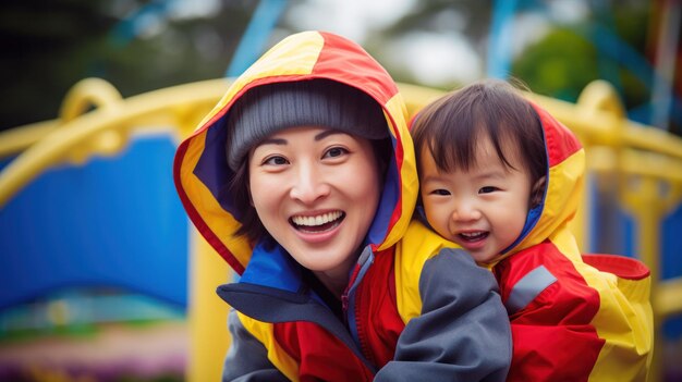 Азиатская мать и сын веселятся вместе на детской площадке
