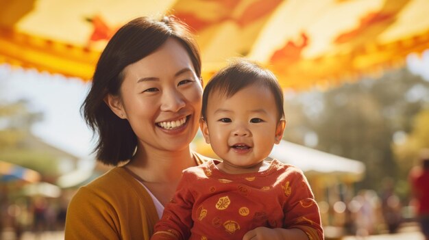 Photo asian mother and son having fun together at the playground