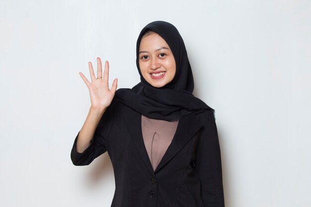 Asian muslim business woman in hijab say hello