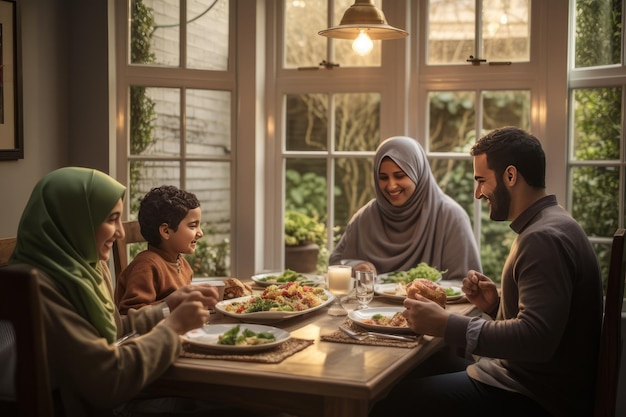 夕食を楽しむアジア系イスラム教徒の家族