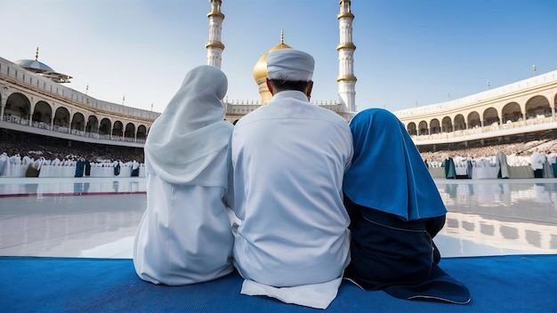 Asian muslim family hajj shot from behind