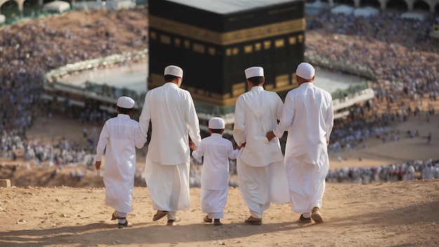 Asian muslim family hajj shot from behind