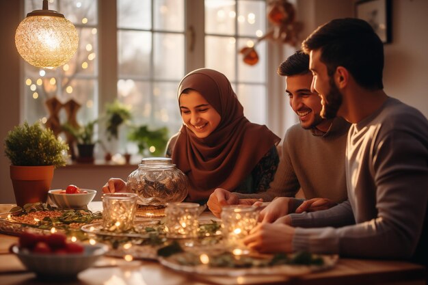 アジアのイスラム教徒の家族が夕食をとっています アラブの家族がラマダンのイフターを食べています