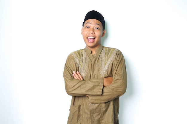 asian muslim man crossed hand looks surprised isolated on white background