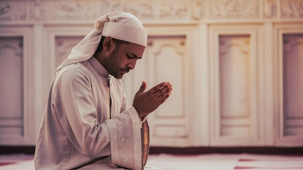 Asian muslim man with traditonal dress praying