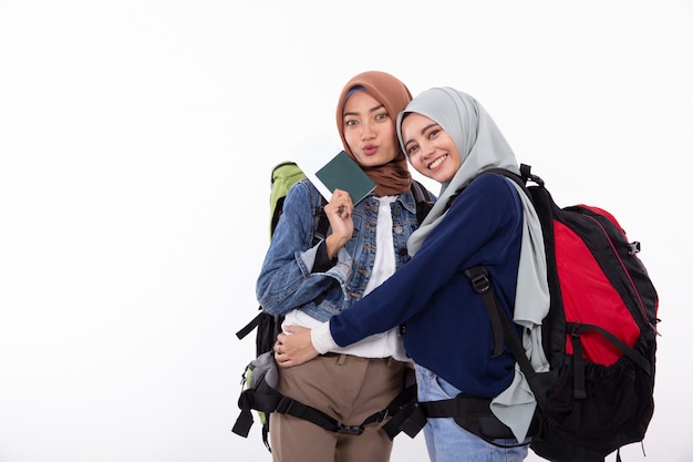 Asian muslim woman backpacker isolated