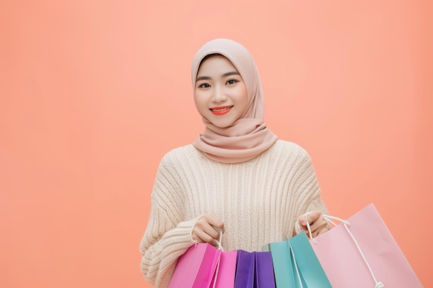 Asian Muslim woman celebrates World Consumer Rights Day with shopping bags