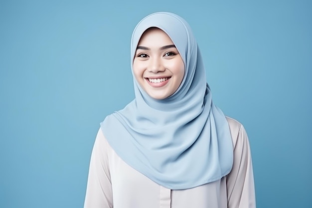 Asian muslim woman isolated blue background