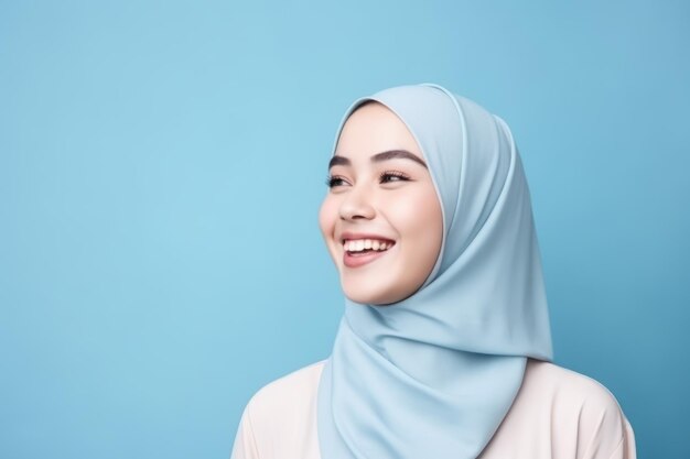 Asian muslim woman isolated blue background