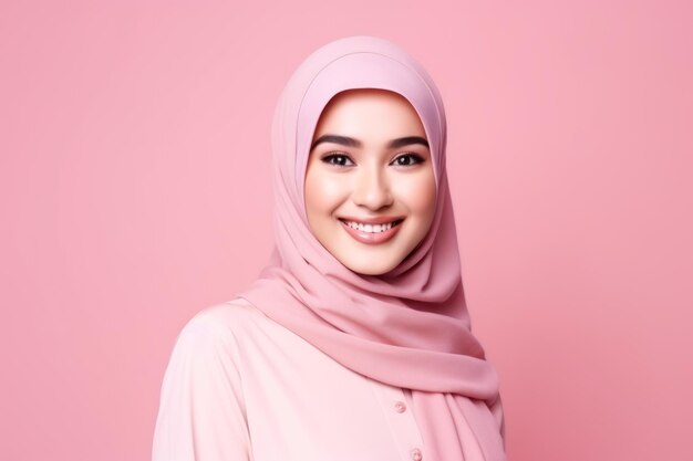 Asian muslim woman isolated pink background