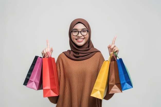 Asian Muslim woman smiles points to shopping bags on white background