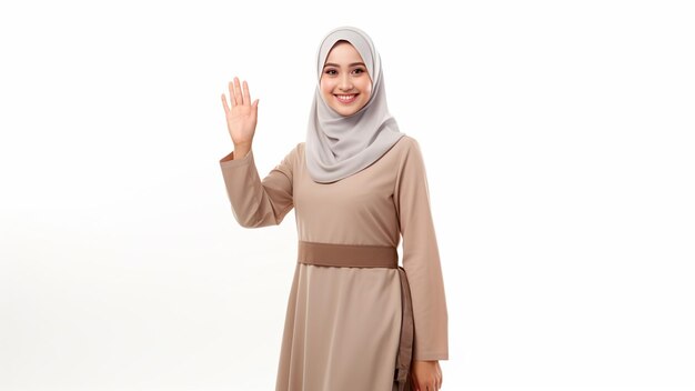 Asian Muslim woman welcoming guests Ied Fitr Greeting in white background