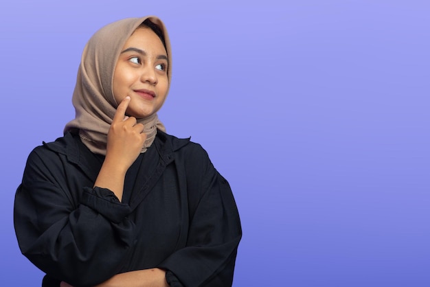 Asian Muslim Woman with expression trying to understand finger on cheek looking to Right Isolated