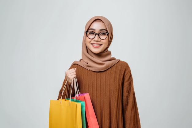 Asian Muslim woman with shopping bags on white background