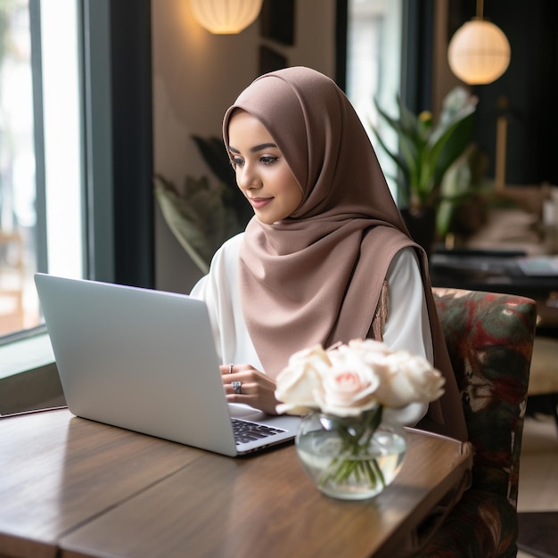 노트북을 사용하는 히잡을 쓴 아시아 무슬림 여성