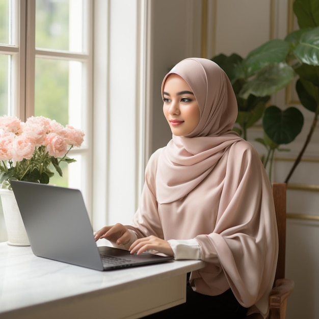 Photo asian muslim women with hijab using a laptop