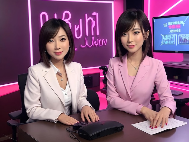 アジア ニュース レポーターの女性 ピンクの背景