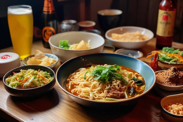 Asian noodle bowl on table at cafe