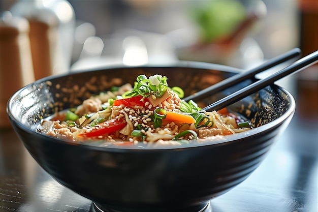 Asian Noodle Soup in Black Bowl with Chopsticks