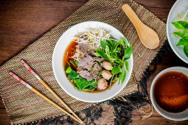 asian noodle soup with beef meatball 