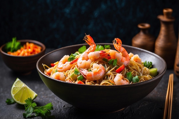 Asian noodles with prawns and vegetables served in a bowl on a dark background