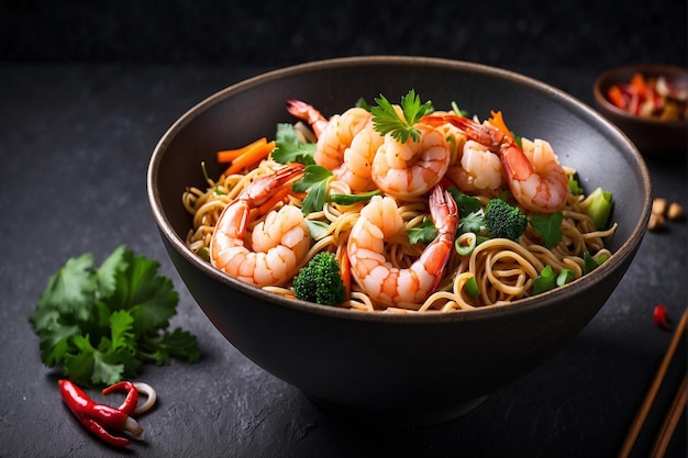 Asian noodles with prawns and vegetables served in a bowl on a dark background