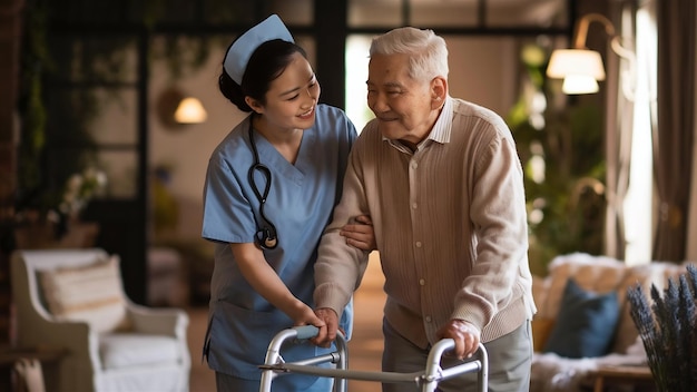 Asian nurse helps man on an adult walker in a nursing home