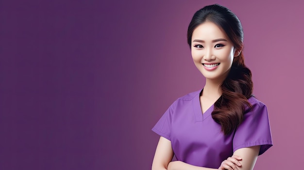 Asian nurse on purple background healthcare concept