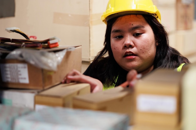 창고 공장 산업 제품의 안전 조끼와 안전모를 쓴 아시아 뚱뚱한 여성 창고 직원이 일하는 동안 제품을 검사하는 플러스 사이즈 여성