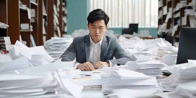 Photo an asian office worker is overwhelmed by paperwork in cluttered office concept overwhelmed at work stressful office environment asian office worker cluttered desk paperwork everywhere