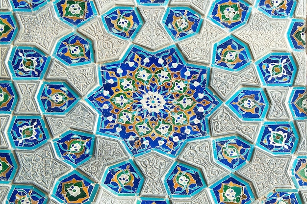 Asian old ceramic mosaic. elements of oriental ornament on ceramic tiles