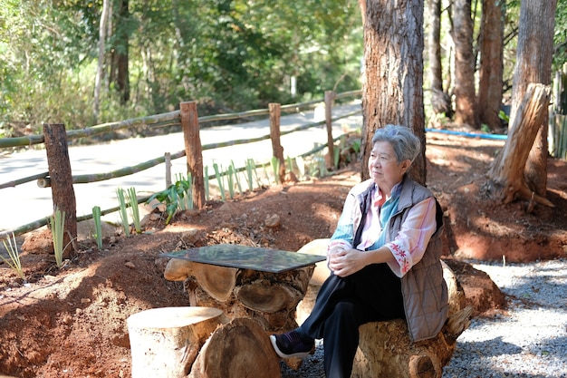 Donna anziana anziana femminile anziana asiatica che riposa rilassante nel parco. stile di vita per il tempo libero senior