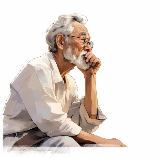 Asian old man in thinking and doubts cartoon illustration Male character with dreamy face on abstract background Ai generated bright imaginative poster