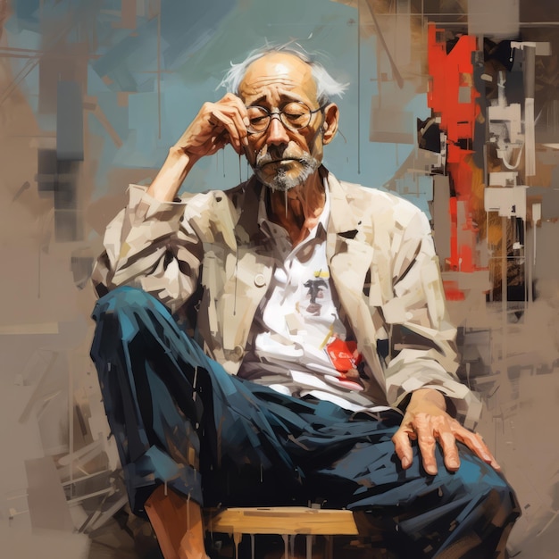 Asian old man in thinking and doubts oil painted illustration Male character with dreamy face on abstract background Ai generated acrylic canvas bright poster