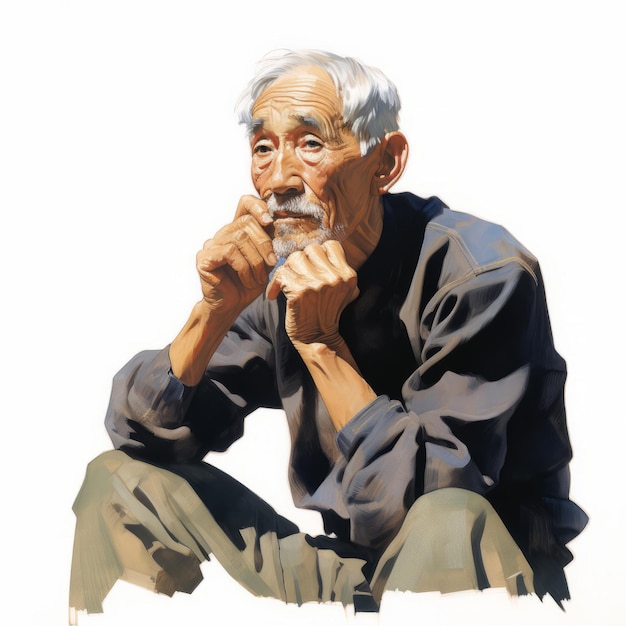 생각과 의심의 아시아 노인 추상 배경에 꿈꾸는 얼굴을 가진 남성 캐릭터 오일 그린 그림 Ai는 아크릴 캔버스 밝은 포스터를 생성