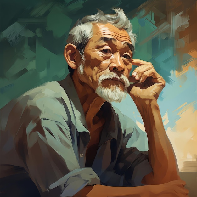 Asian old man in thinking and doubts oil painted illustration Male character with dreamy face on abstract background Ai generated acrylic canvas bright poster