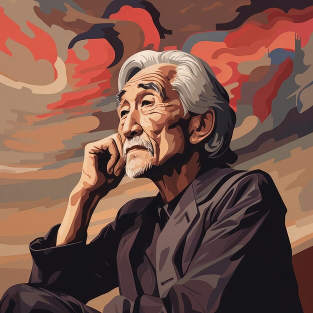 Asian old man in thinking and doubts oil painted illustration Male character with dreamy face on abstract background Ai generated acrylic canvas bright poster