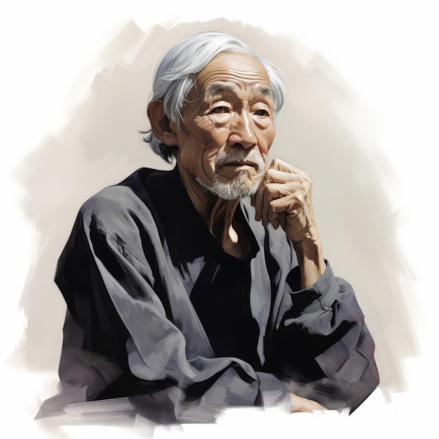 思考と疑問を持つアジアの老人油彩イラスト抽象的な背景に夢のような顔をした男性キャラクター Ai 生成アクリル キャンバス明るいポスター