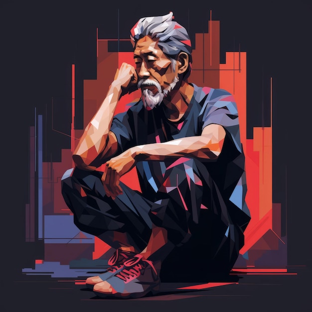 Asian old man in thinking and doubts oil painted illustration Male character with dreamy face on abstract background Ai generated acrylic canvas bright poster